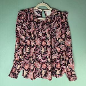 Knox Rose Womens Dark Paisley Ruffle Long Sleeve Boho Peasant Blouse Size Medium